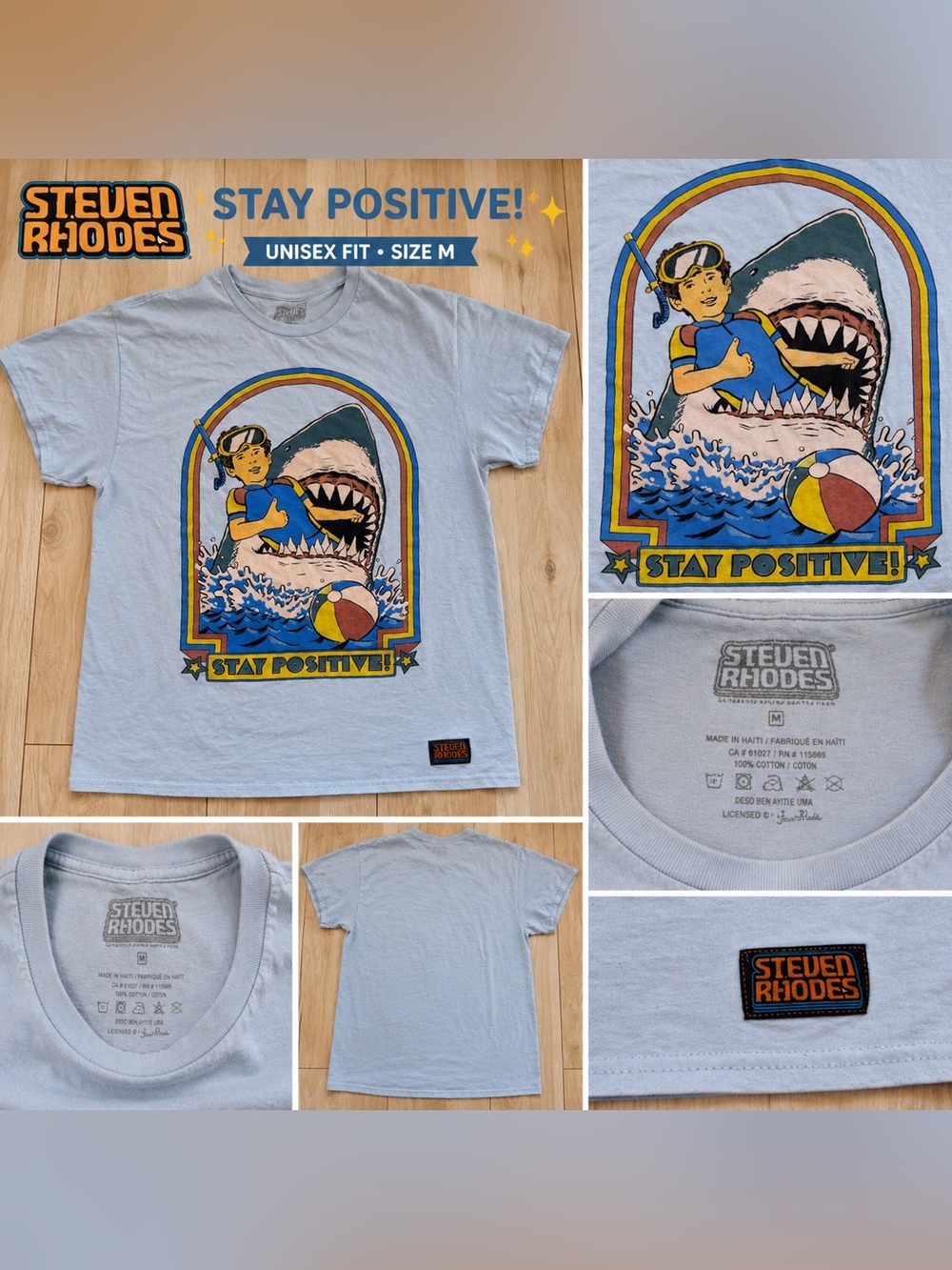 Steven Rhodes Stay Positive Shark Graphic Tee Medium Retro Humor Funny T Shirt
